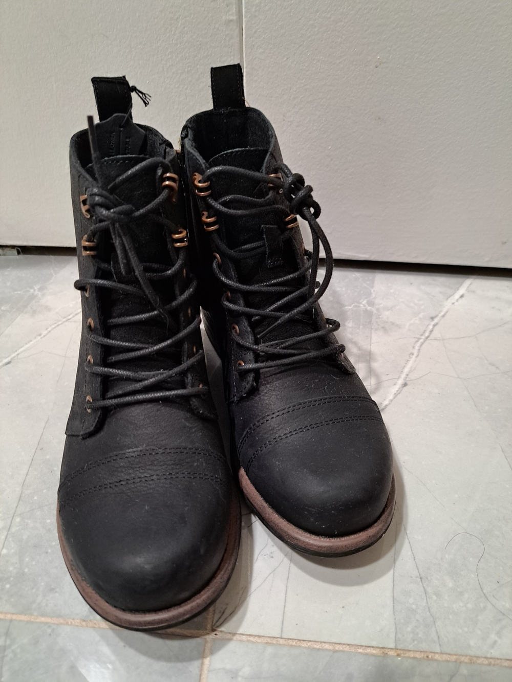 Denver Hayes Black Lace-Up Ankle Boots with Brown Trim